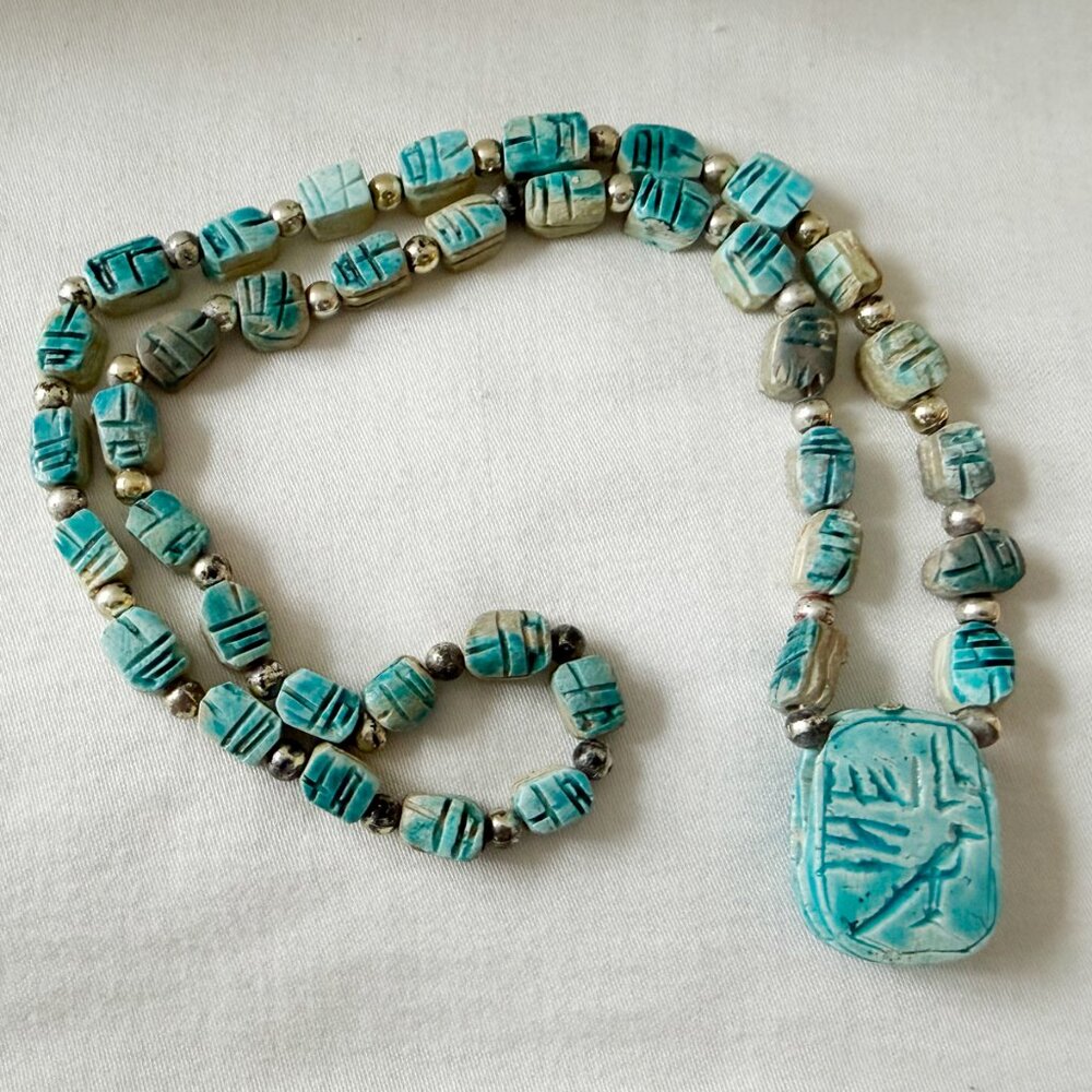 Vintage Egyptian Revival Turquoise Faience Scarab Statement Necklace Description - Picture 5 of 5